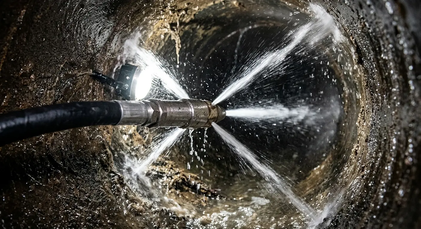 High-pressure hydro jetting nozzle cleaning sewer pipe for Sewer Cleanout in Old Jamestown