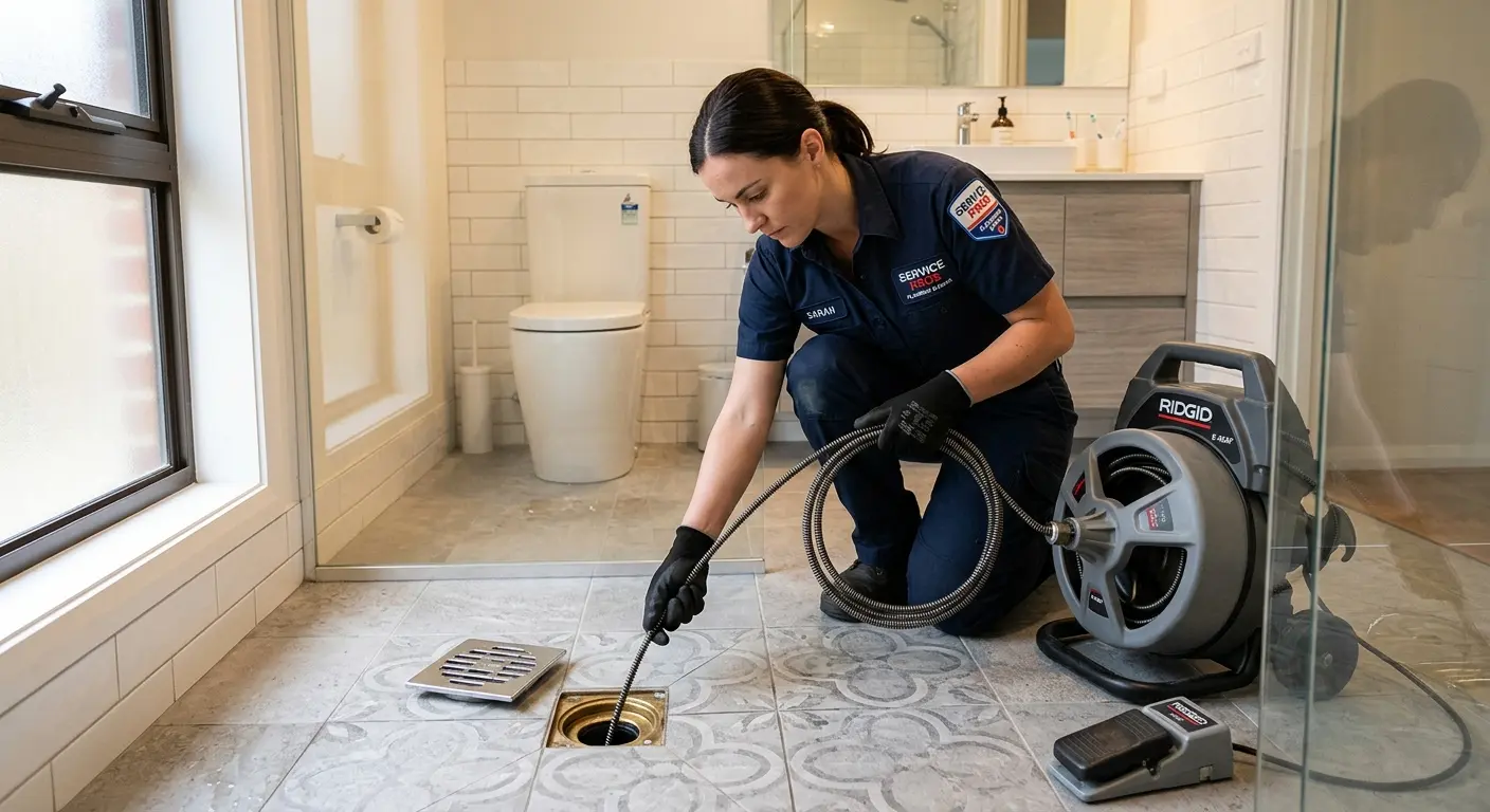 Technician clearing a bathroom floor drain for Drain Repair in Old Jamestown